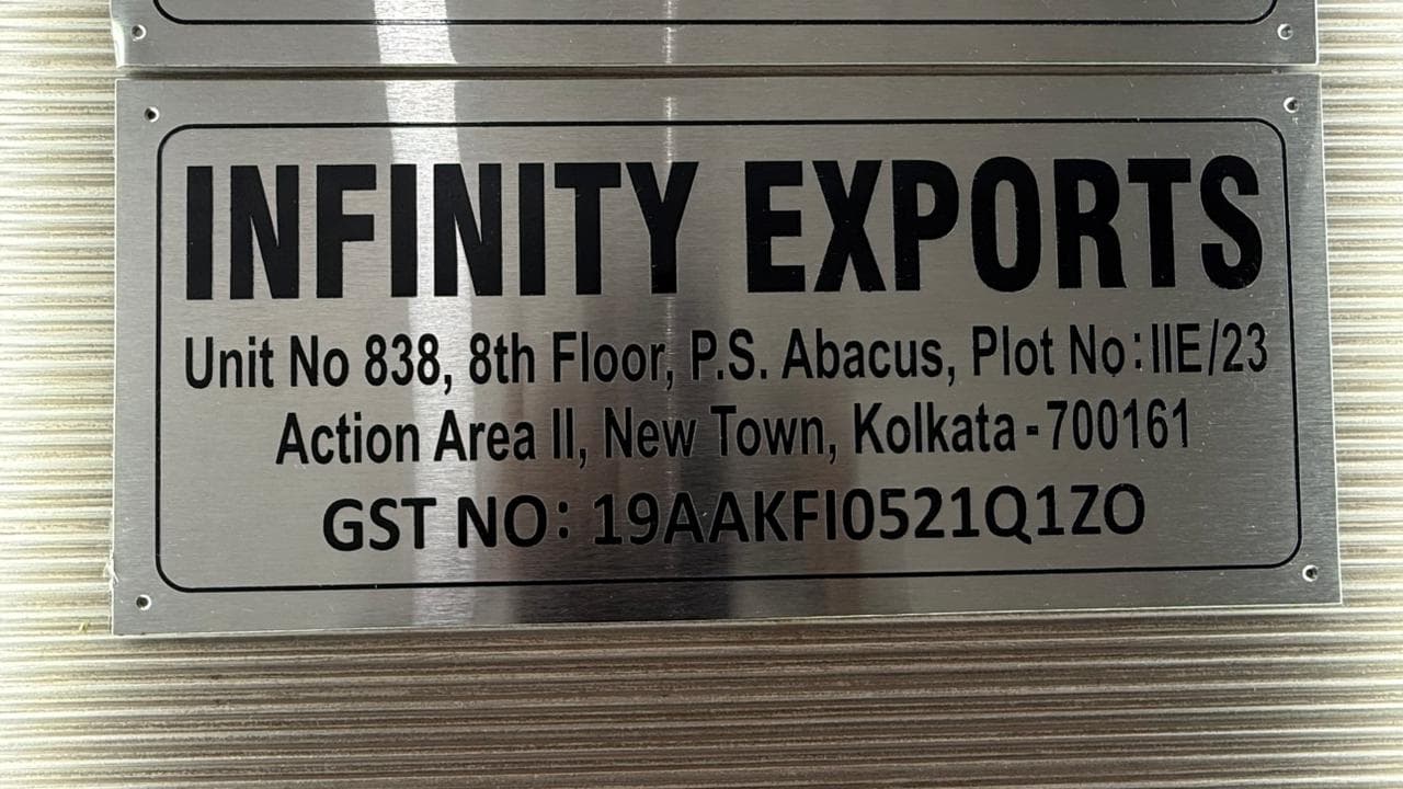 Infinity Exports nameplate at the Kolkata office
